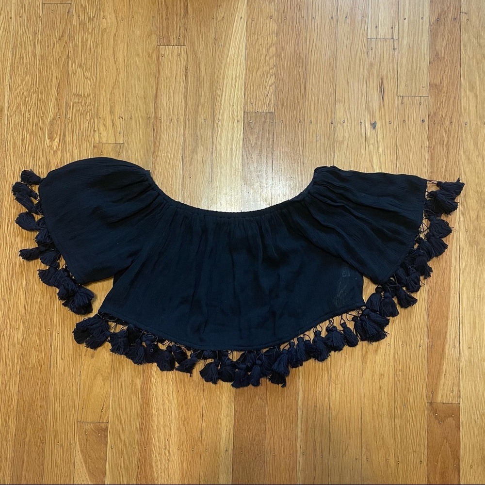 Black Off Shoulder Crop Top with Fringe - Small